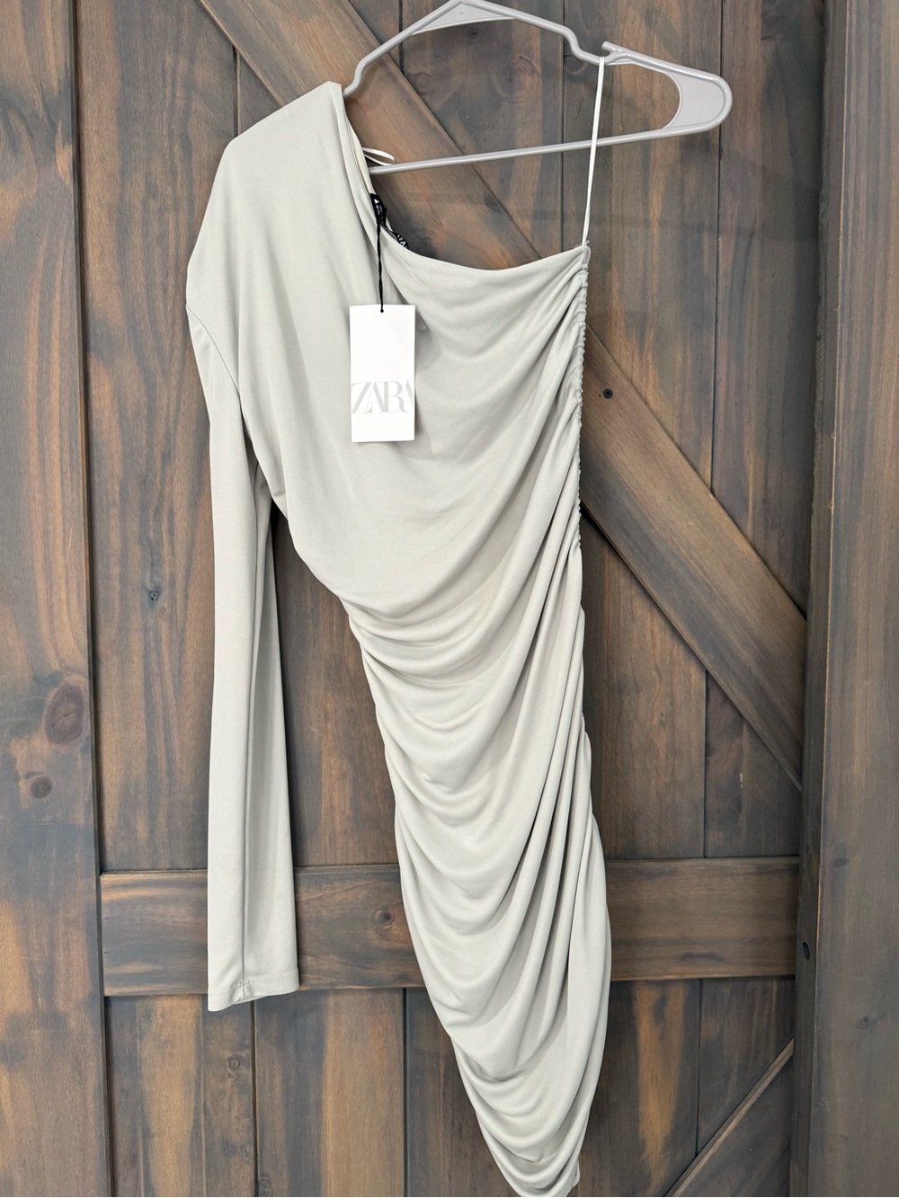 Zara One-Shoulder Draped Ruched Dress in Light Beige